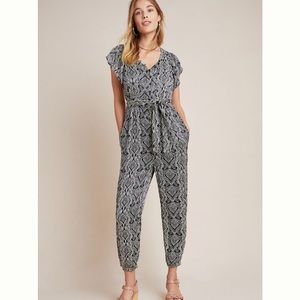 Anthropologie Black and White Abstract Jumpsuit with Tie Waist